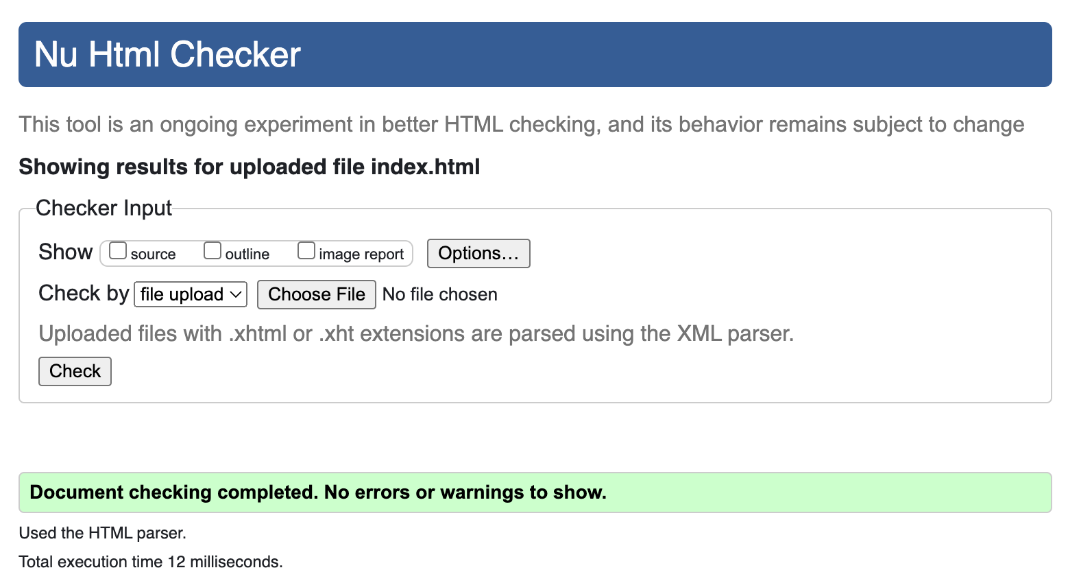 A screenshot of w3 validator showing no errors or warnings.